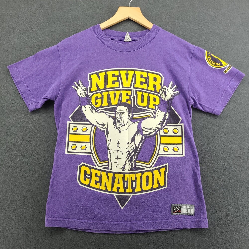 WWE John Cena Shirt Cenation Never Give Up Purple Graphic Tee Wrestling Youth L